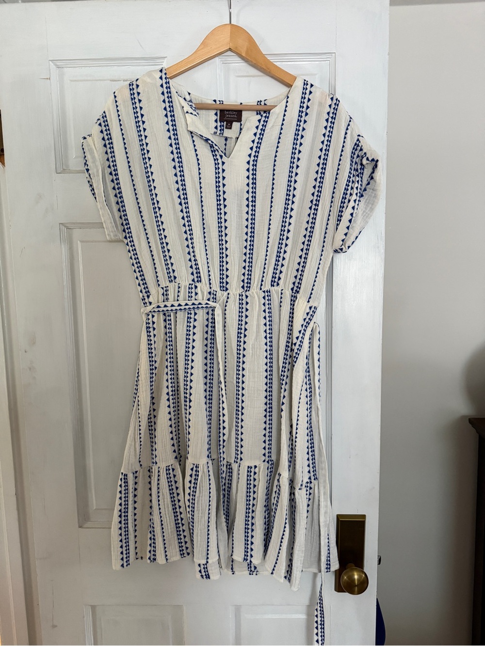 White and Blue Embroidered Midi Dress